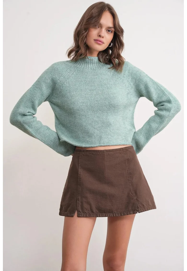 Pulover scurt,  tricotat, maneci lungi, verde menta, acrilic-poliester,