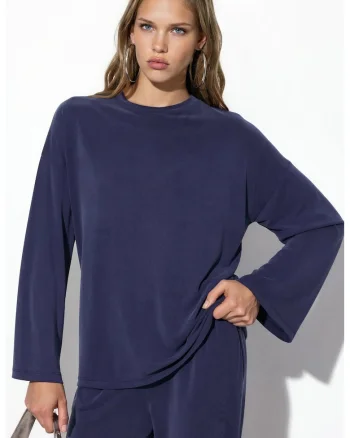 Bluza dama,  croiala lejera, maneca lunga, albastru marin, modal si poliester,