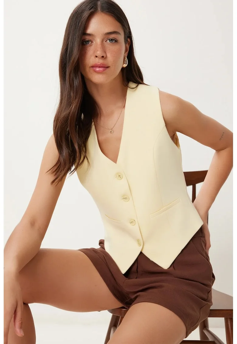 Vesta scurta, Happiness Istanbul, casual, galben chihlimbar, bumbac si poliester,