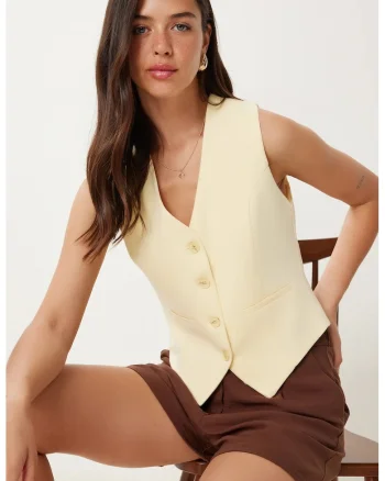Vesta scurta, Happiness Istanbul, casual, galben chihlimbar, bumbac si poliester,