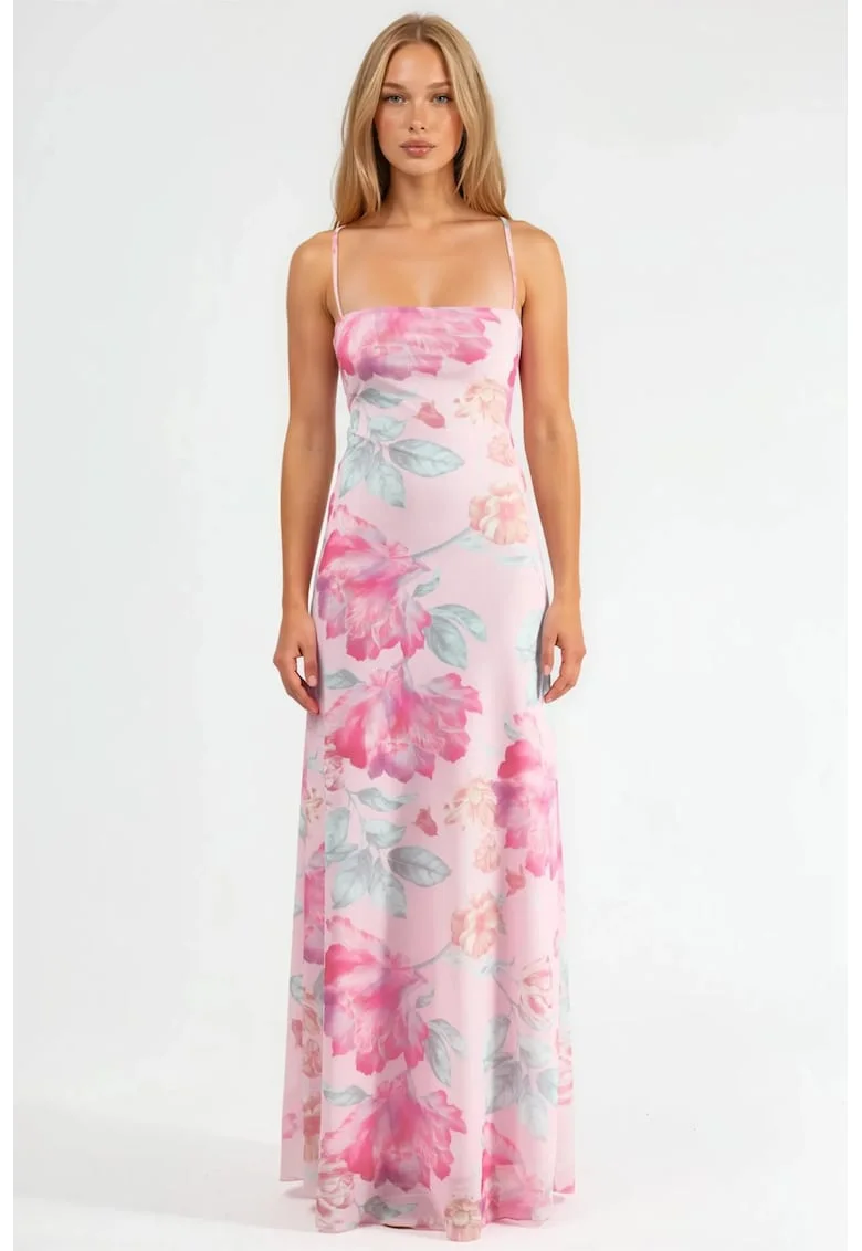 Rochie Maxi,  Floral, Roz, Tul