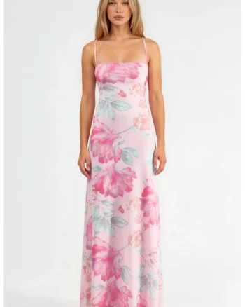 Rochie Maxi,  Floral, Roz, Tul