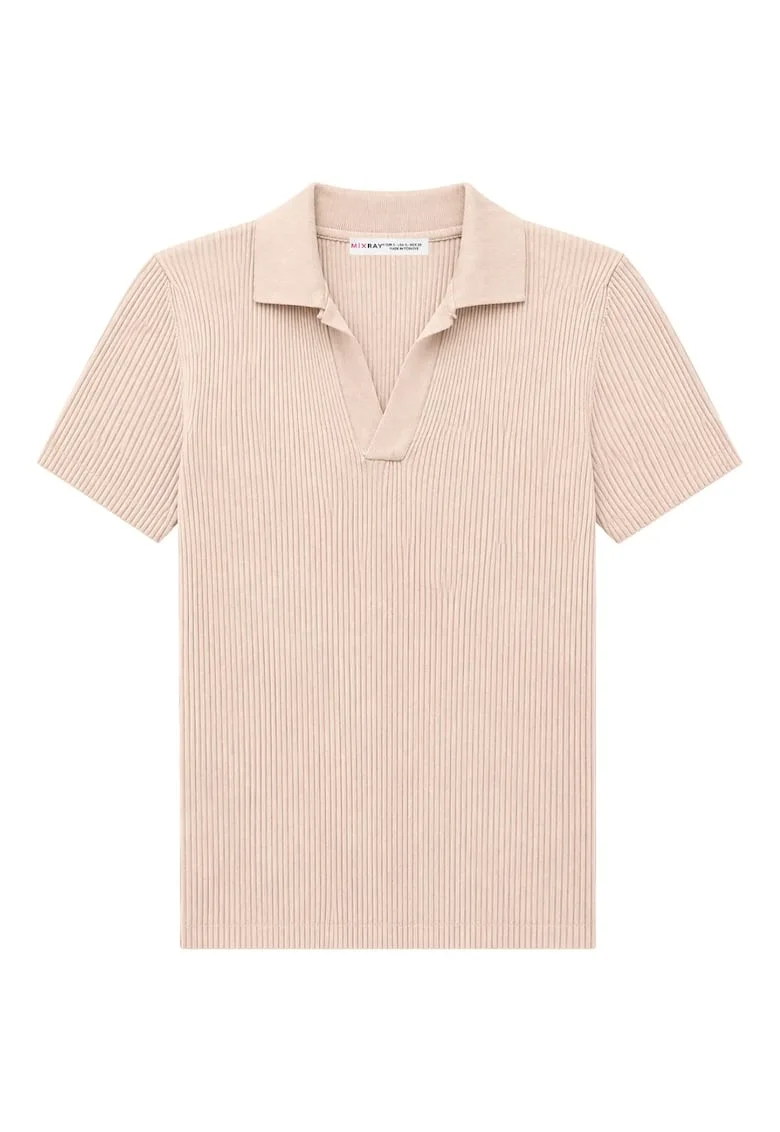 Bluza dama,  guler polo, textura reiata, bej natural, 100% poliamida,