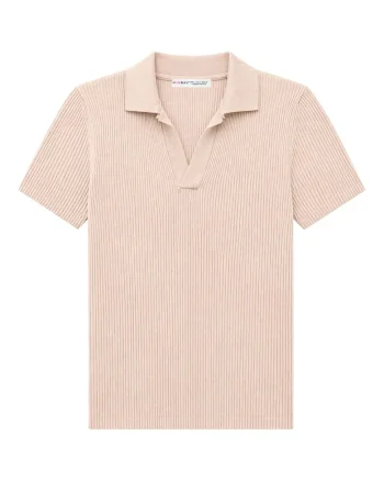 Bluza dama,  guler polo, textura reiata, bej natural, 100% poliamida,