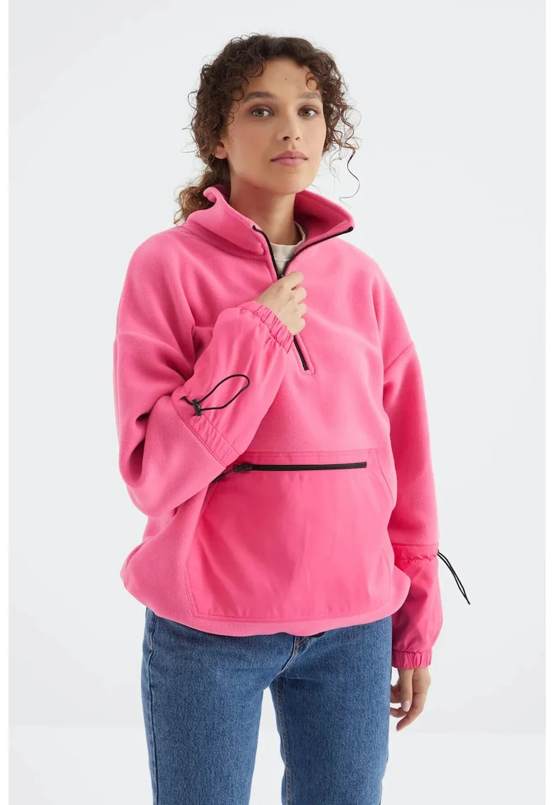 Hanorac  Oversized, Fleece, Roz Aprins, Fermoar, Maneca Lunga