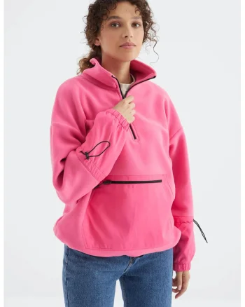 Hanorac  Oversized, Fleece, Roz Aprins, Fermoar, Maneca Lunga