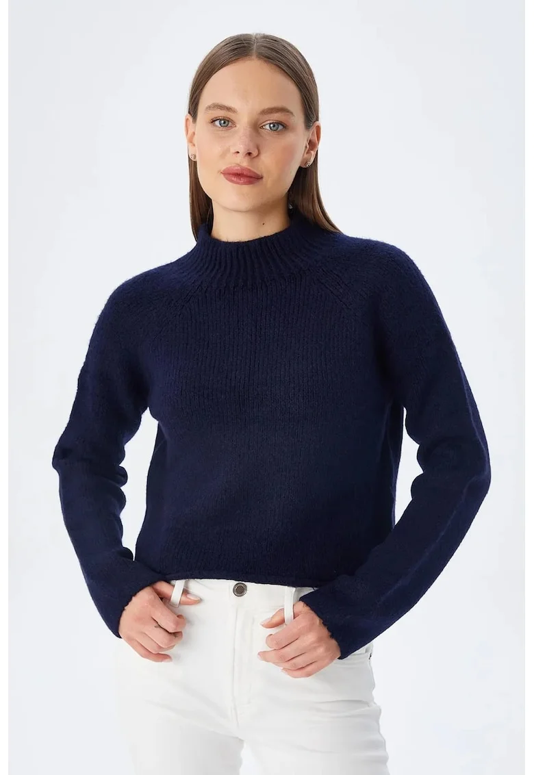Pulover scurt,  bleumarin, tricotaj texturat, maneci lungi, acrilic-poliester,