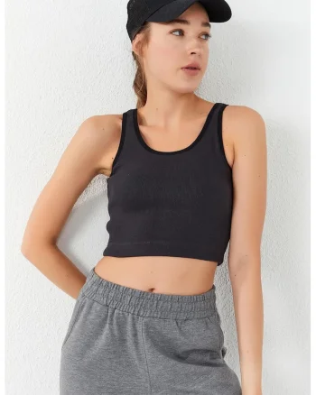 Top scurt,  fara maneci, negru, bumbac cu elastan,