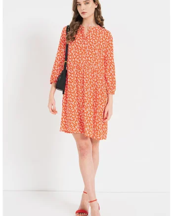 Rochie-tunica cu maneci 3/4, Alb/Portocaliu mandarina