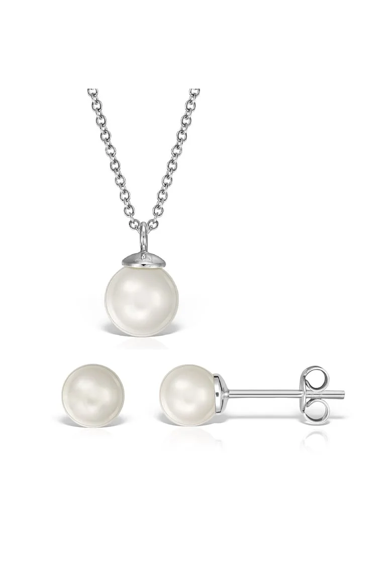 Set argint 925 cu perle naturale 6 mm + lant si pandantiv 8 mm, Alb | Auriu