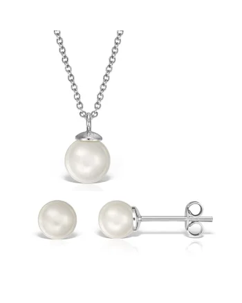 Set argint 925 cu perle naturale 6 mm + lant si pandantiv 8 mm, Alb | Auriu
