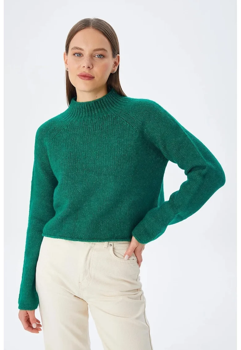 Pulover scurt,  tricotat texturat, verde, acrilic-poliester,