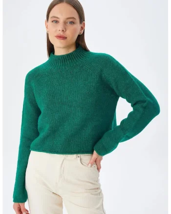 Pulover scurt,  tricotat texturat, verde, acrilic-poliester,
