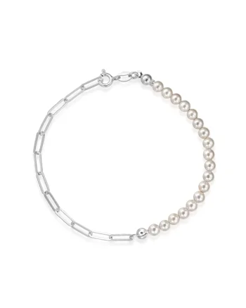 Bratara argint 925 cu perle naturale 4mm + lant paperclip, inchizatoare clasica, Alb | Auriu