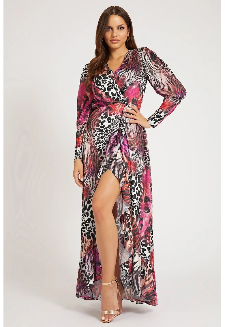 Rochie asimetrica cu animal print, Negru/Fucsia/Alb murdar