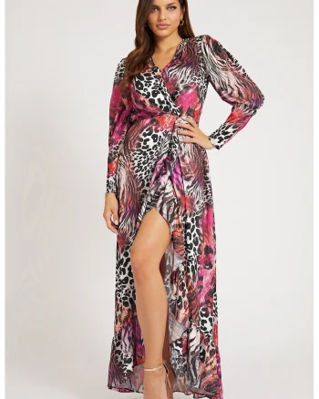 Rochie asimetrica cu animal print, Negru/Fucsia/Alb murdar