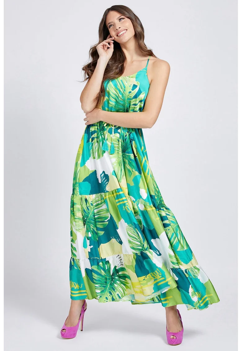 Rochie maxi cu bretele inguste, Alb/Verde/Albastru