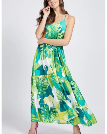 Rochie maxi cu bretele inguste, Alb/Verde/Albastru