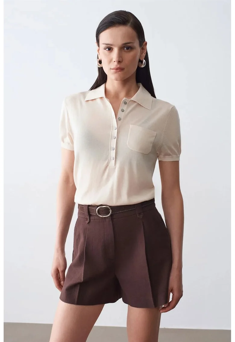 Bluze dama,  Bluza tricotata Slim Fit, guler polo, crem, casual,