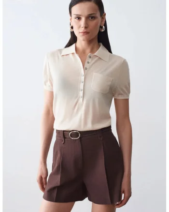 Bluze dama,  Bluza tricotata Slim Fit, guler polo, crem, casual,