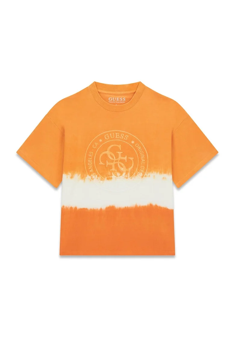 Tricou din bumbac cu decolteu la baza gatului si logo, Alb/Portocaliu