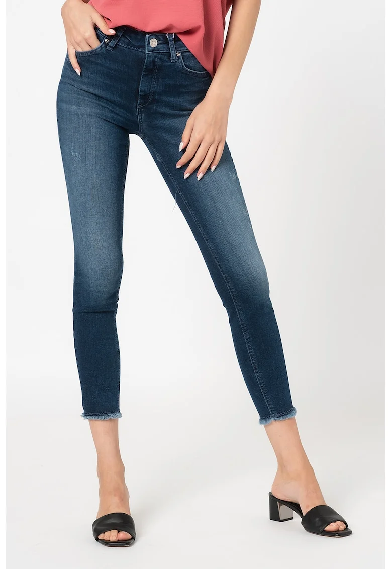 Blugi crop skinny cu terminatii franjurate Blush, Albastru inchis/Bleumarin