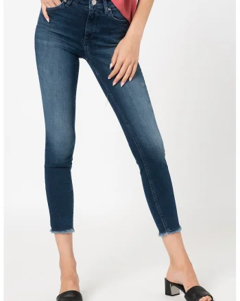 Blugi crop skinny cu terminatii franjurate Blush, Albastru inchis/Bleumarin