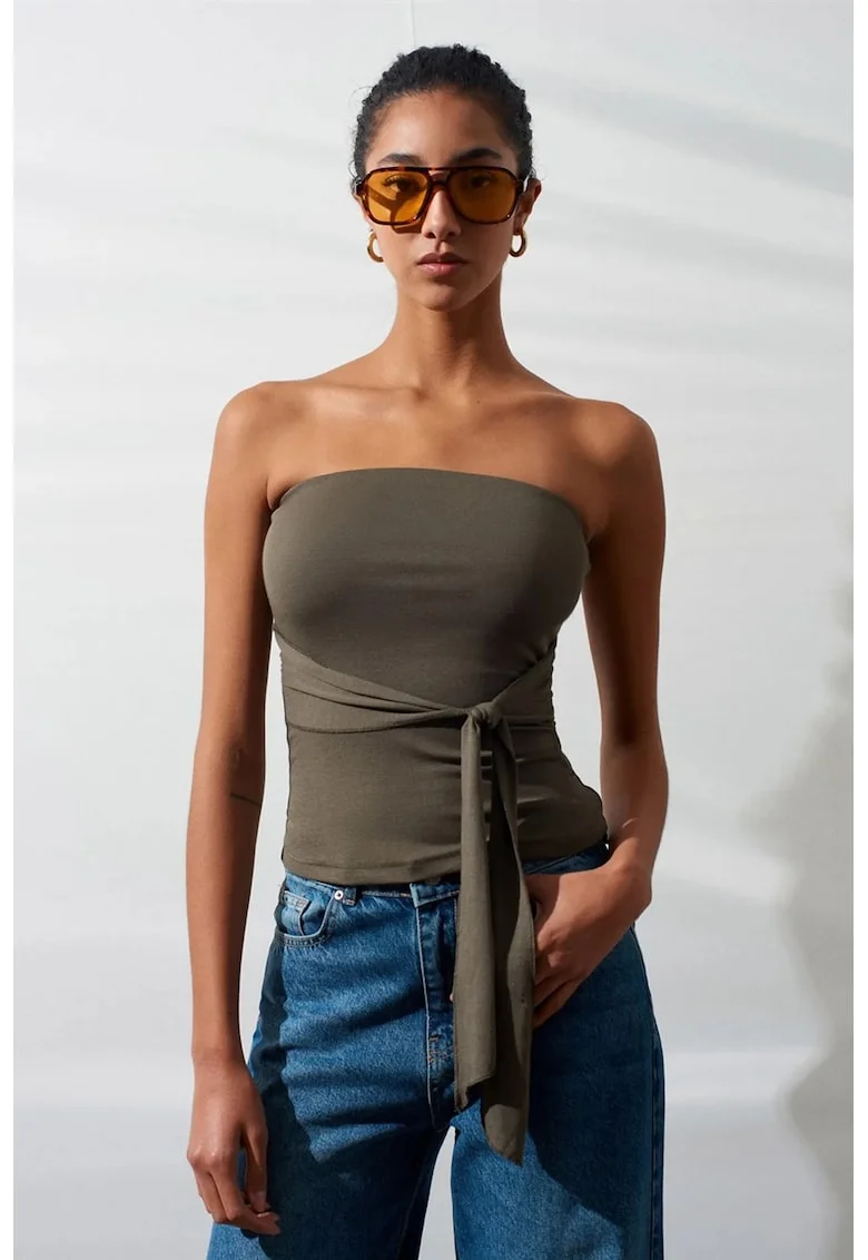 Bluza dama,  slim-fit, detaliu snur, Verde Kaki, bumbac-modal-elastan