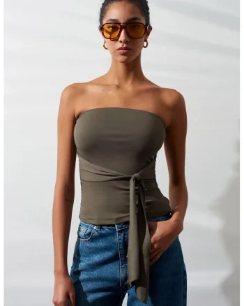 Bluza dama,  slim-fit, detaliu snur, Verde Kaki, bumbac-modal-elastan