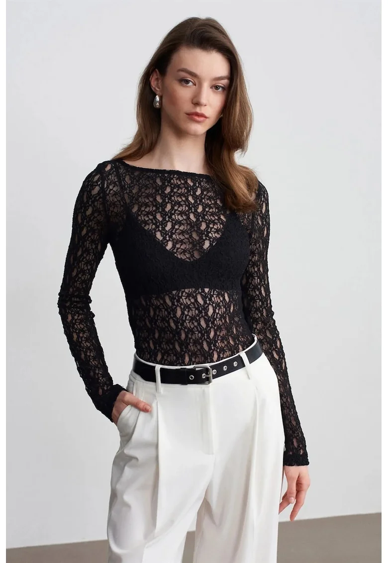 Bluza dama,  Bluza Slim Fit cu guler barca si dantela, Negru, Elegant, 92% poliamida, 8% elastan