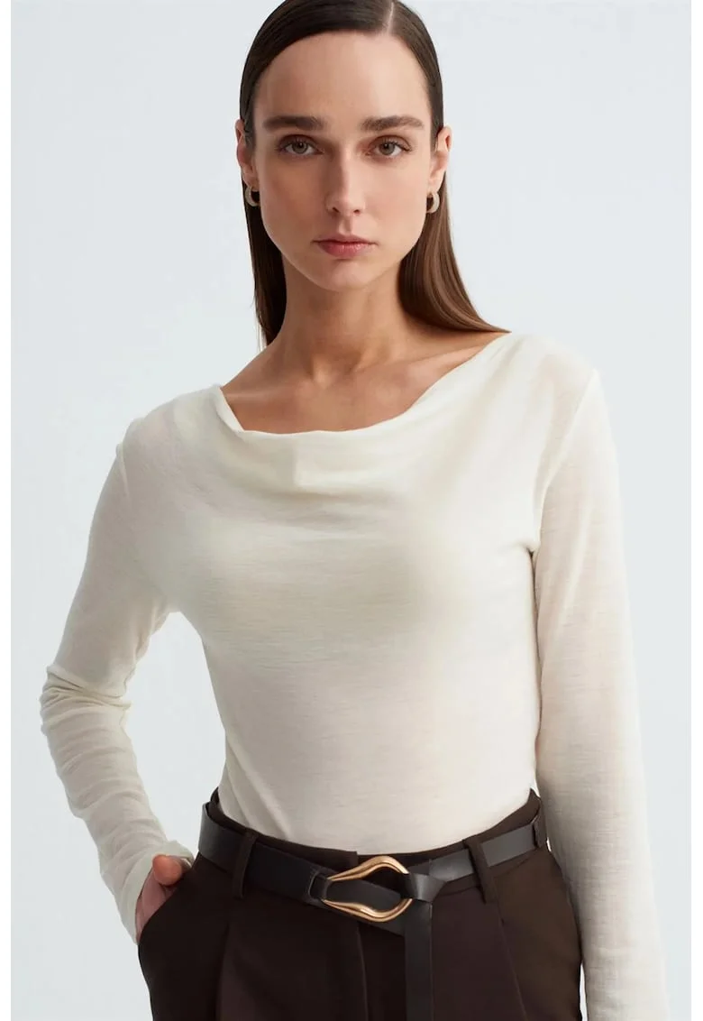 Bluza dama,  bluza din lana tricotata, guler tip fular, ivory natural, casual