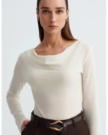 Bluza dama,  bluza din lana tricotata, guler tip fular, ivory natural, casual