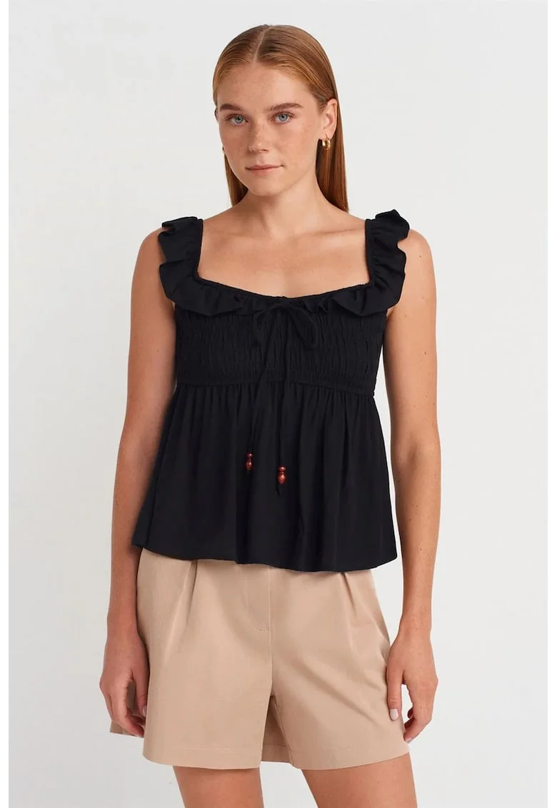 Bluza dama,  bluza fara maneci, volanase, negru, 70% viscoza, 30% in
