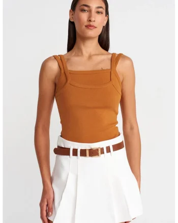 Bluza dama,  bluza fara maneci, casual, maro camel, 95% bumbac