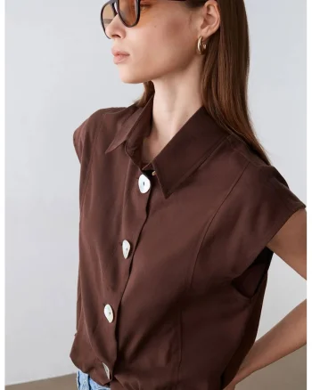 Bluza dama,  Bluza fara maneci, regular fit, maro cafea, 100% Tencel