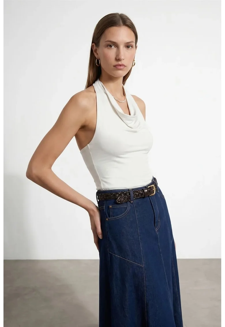 Bluza dama,  fara maneci, drapaj, alb prafuit, tencel si elastan