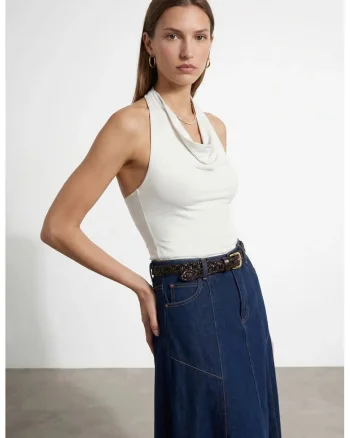 Bluza dama,  fara maneci, drapaj, alb prafuit, tencel si elastan