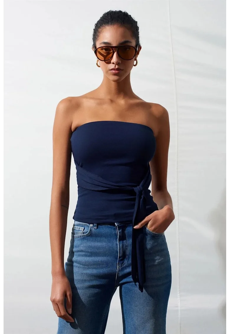 Bluza dama,  jerseu mulat, detalii cu snur, albastru marin, 57% bumbac, 38% modal, 5% elastan