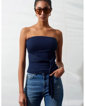 Bluza dama,  jerseu mulat, detalii cu snur, albastru marin, 57% bumbac, 38% modal, 5% elastan