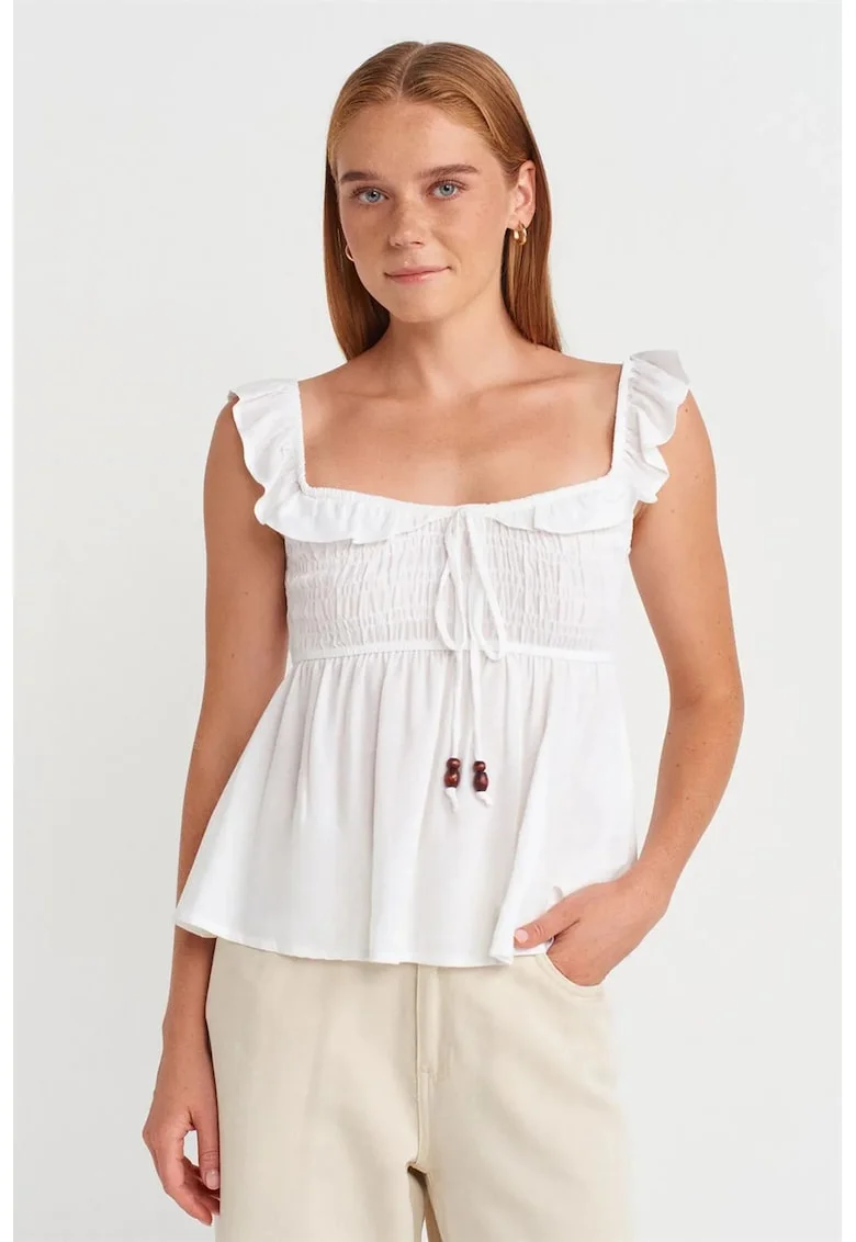 Bluza dama,  fara maneci, decolteu patrat, volanase, Alb, 70% viscoza, 30% in