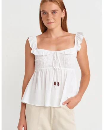 Bluza dama,  fara maneci, decolteu patrat, volanase, Alb, 70% viscoza, 30% in