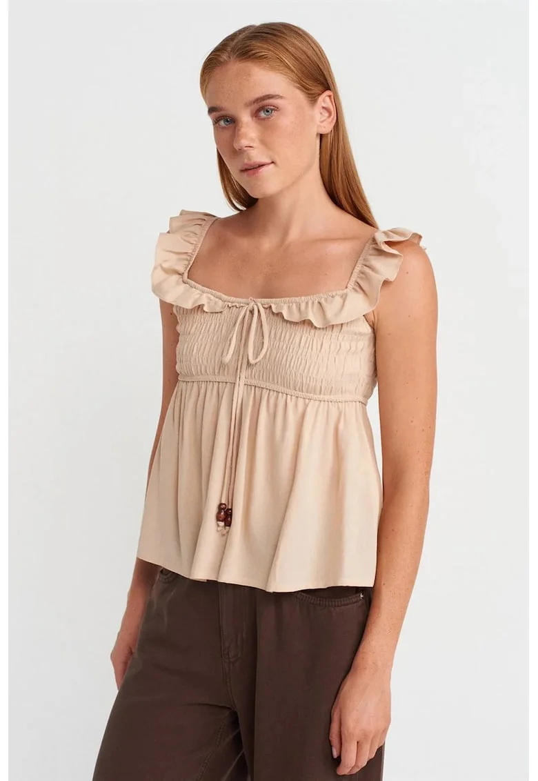 Bluza dama,  bluza fara maneci, decolteu patrat, volanase, bej natural, viscoza-in