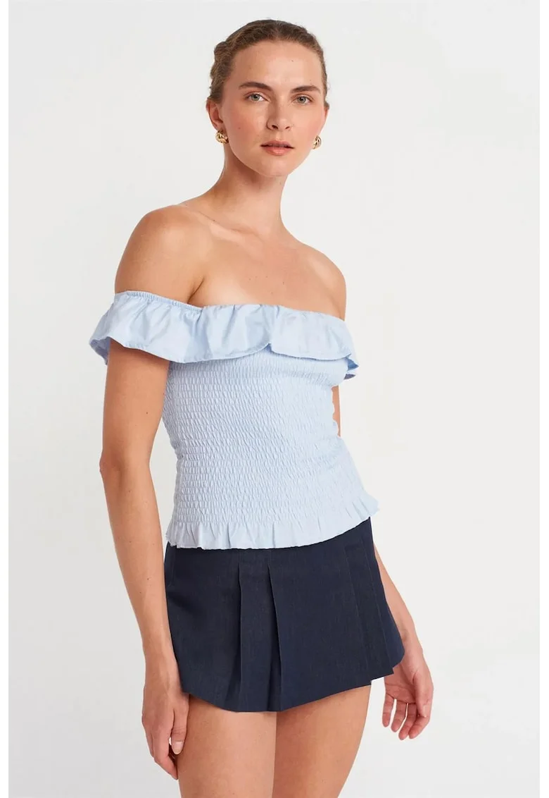 Bluza dama,  crop, volanase, albastru deschis, bumbac-modal