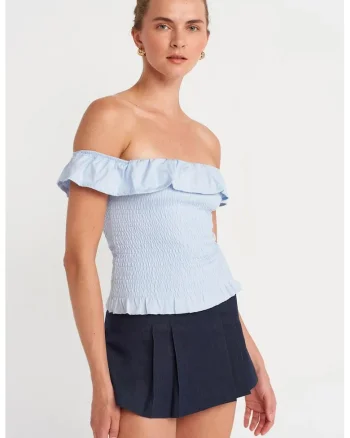 Bluza dama,  crop, volanase, albastru deschis, bumbac-modal