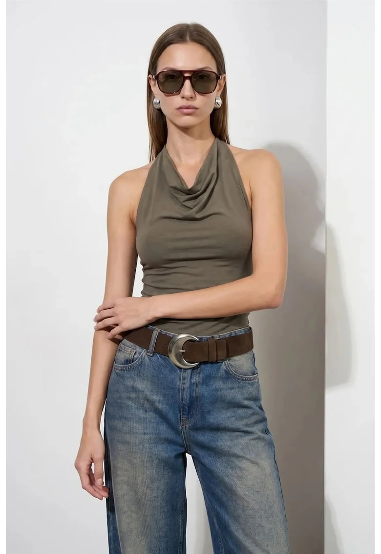 Bluza dama,  fara maneci, drapaj, verde kaki, tencel