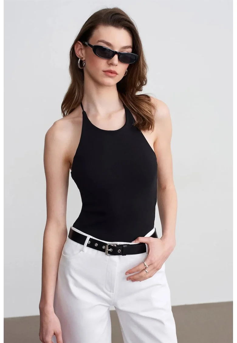 Bluza dama,  slim fit, halterneck, elastic, negru, bumbac si elastan