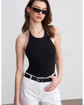 Bluza dama,  slim fit, halterneck, elastic, negru, bumbac si elastan