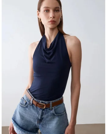 Bluza dama,  bluza fara maneci, elegant, albastru marin, 95% tencel