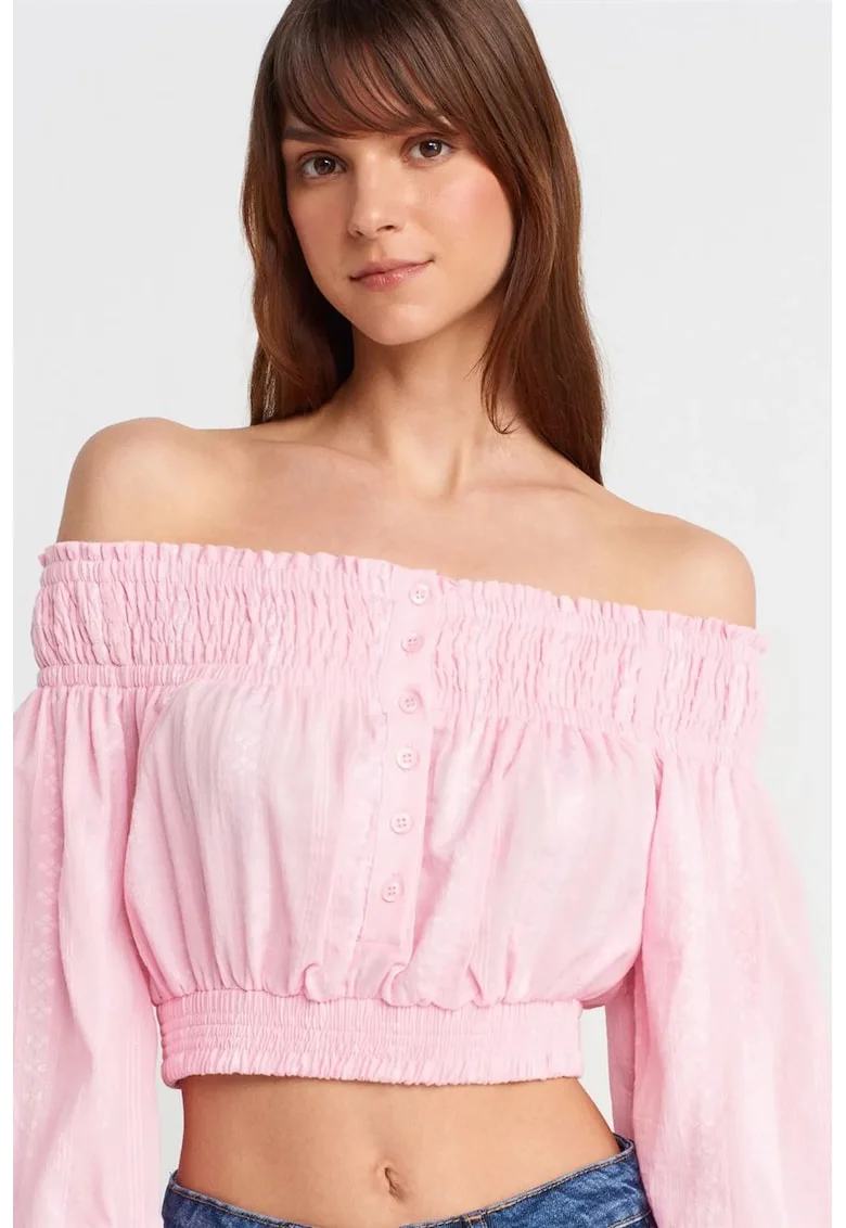 Bluza dama,  crop, roz pudra, bumbac si viscoza, maneci lungi