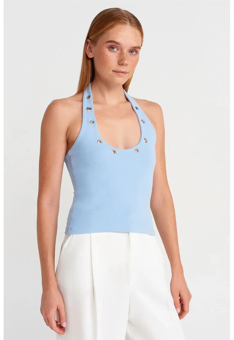 Bluza dama,  crop, halterneck, detaliu din piatra, Albastru deschis, tricot bumbac-elastan